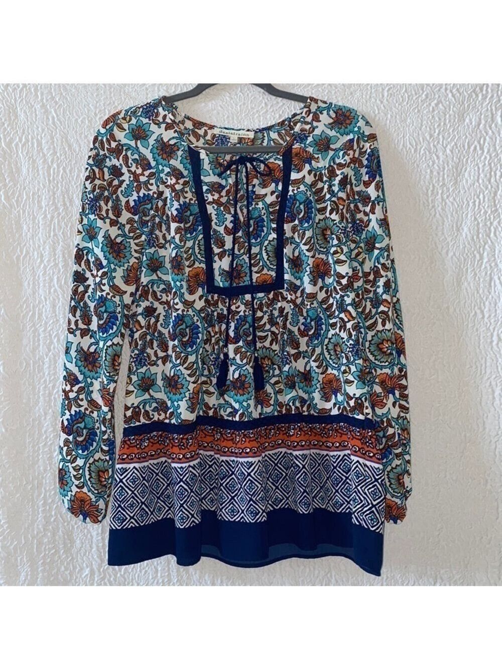 Daniel Rainn Floral Print Split Neck Long Ballon Sleeve Top